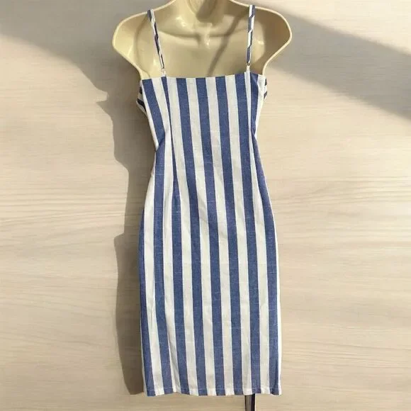 Davi & Dani Blue White Striped Sleeveless Waist Tie Belt Seam Pockets Wrap Dress - Picture 4 of 11